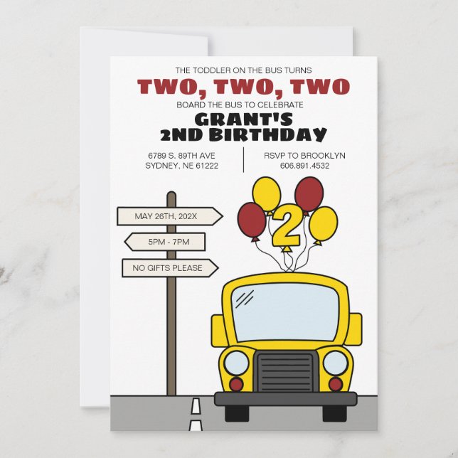 Convite Toddler on the Bus Turns Two Kid's 2nd Birthday (Frente)