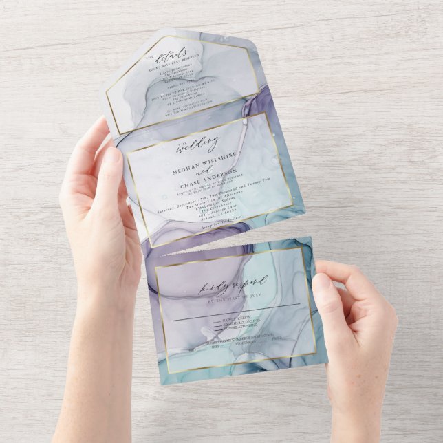 Convite Todo em Um Chic Abstract Ink Amethyst Teal (Aba destacável)