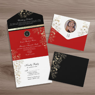 Convite Todo-em-Um Preto Elegante Vermelho