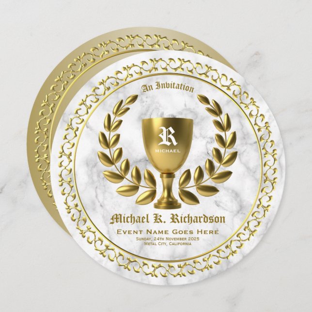 Convite Todo o monograma Dourado da grinalda do louro do (Frente/Verso)