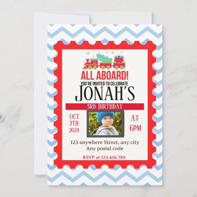 Convite Todos a bordo! Tema do comboio (Frente)