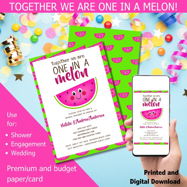 Convite Todos Adoraram! Chá de panela Funny Summer Melon (Together we are one in a melon! For: Shower 
Engagement 
Wedding. Funny Watermelon Bridal Shower)
