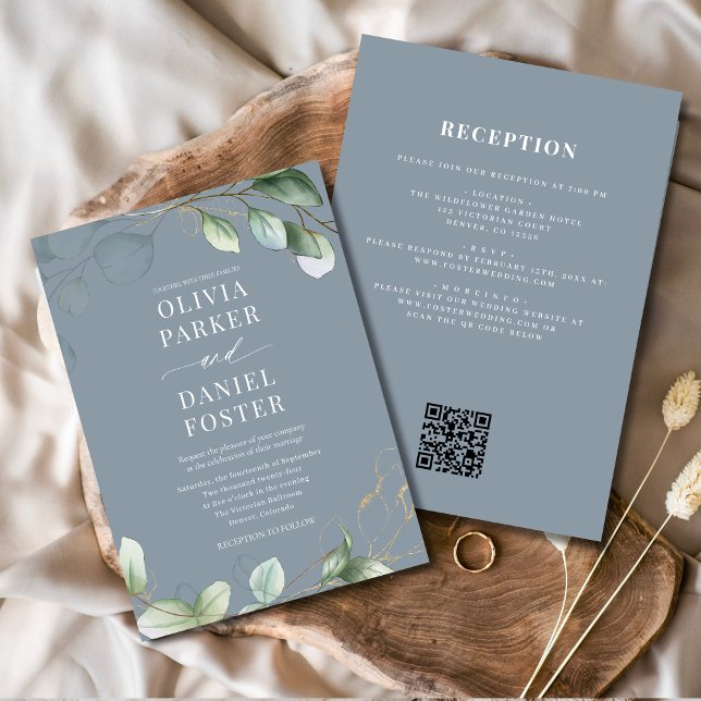 Convite Todos em um Casamento Azul Dusty com Código QR Euc (Criador carregado)