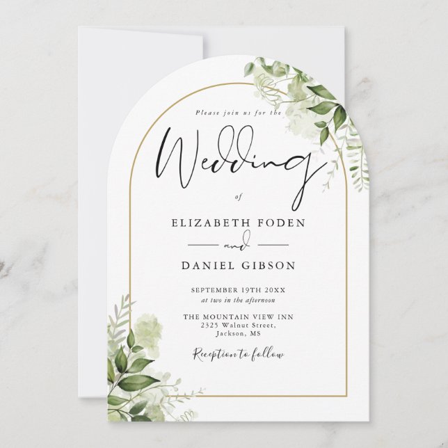 Convite Todos Em Um Casamento De Arca Dourada De Verde Rus (Frente)