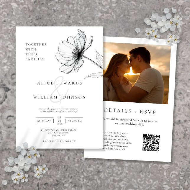 Convite Todos em um Casamento de Código QR de Foto Floral  (All In One Minimalist Floral Photo QR Code Wedding Invitation)