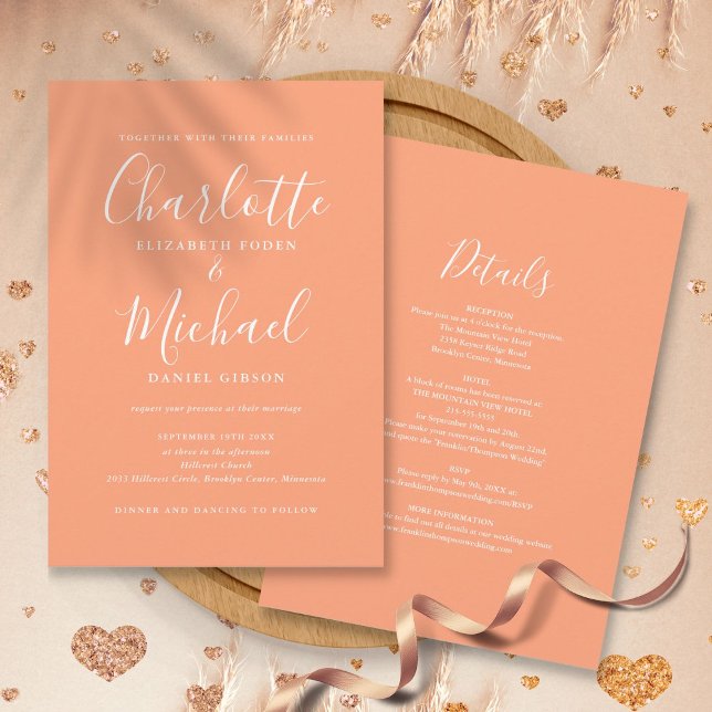 Convite Todos Em Um Casamento De Pêssego Moderno Elegante (All In One Elegant Modern Script Peach Wedding Invitation)