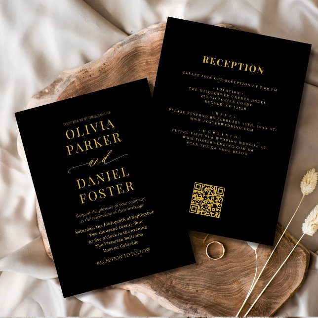 Convite Todos em Um Casamento Dourado de Código QR Preto E (Criador carregado)