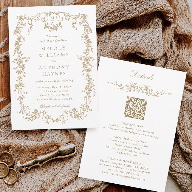 Convite Todos em Um Casamento Dourado Floral vitoriano fra (Front & Back)