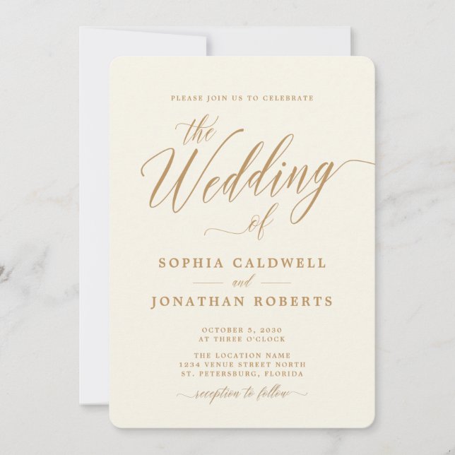 Convite Todos em Um Casamento Elegante Dourado de Caligraf (Frente)