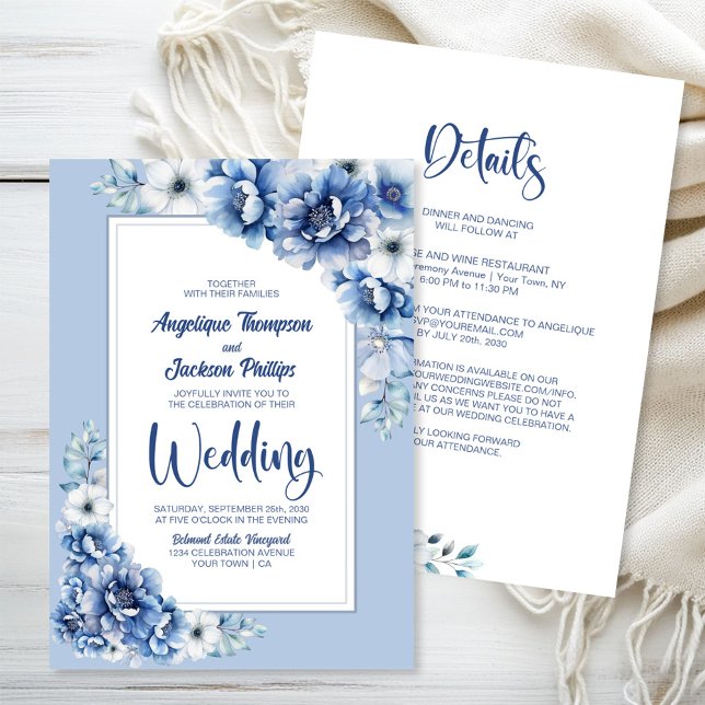 Convite Todos Em Um Casamento Floral Azul (Criador carregado)