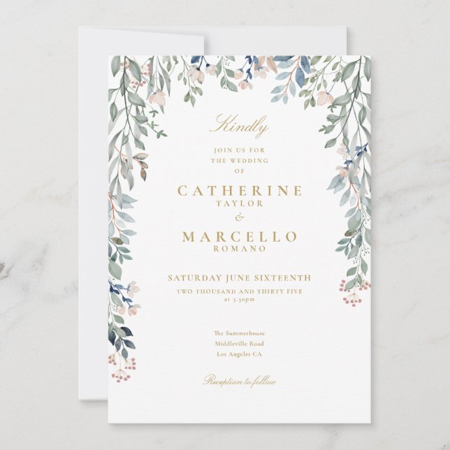 Convite Todos Em Um Casamento Floral De Flores Douradas (Frente)