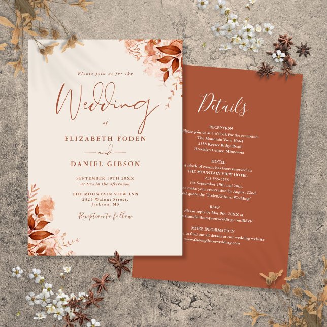 Convite Todos Em Um Casamento Floral De outono Russo (All In One Rustic Autumn Fall Floral Wedding Invitation)