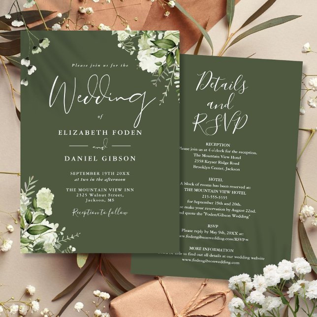 Convite Todos Em Um Casamento Floral Verde Oleícola (All In One Olive Green Greenery Floral Wedding Invitation)