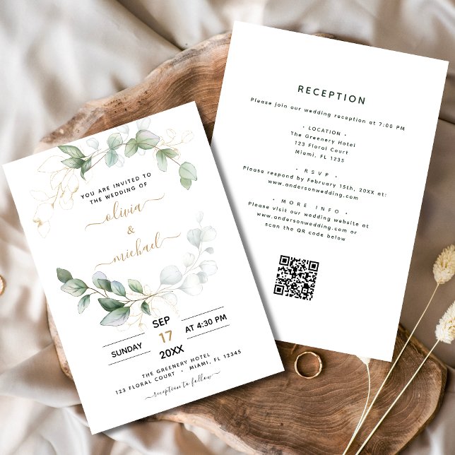 Convite Todos em um código Eucalyptus QR Casamento verde (Criador carregado)