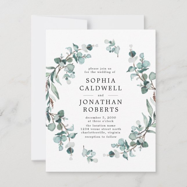 Convite Todos em um Código QR Casamento Eucalyptus Greener (Frente)