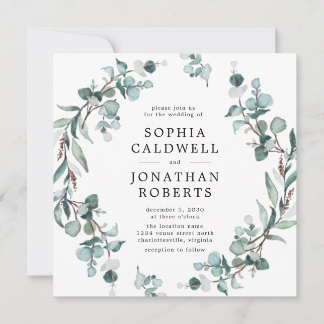 Convite Todos em um Código QR Casamento Eucalyptus Greener (Frente)