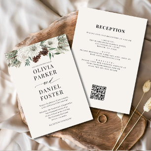 Convite Todos em Um Código QR de Inverno Casamento Evergre