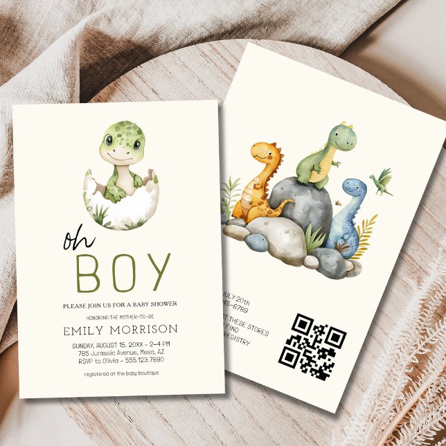 Convite Todos em Um Código QR Dinossaur Baby Boy Chá (Criador carregado)