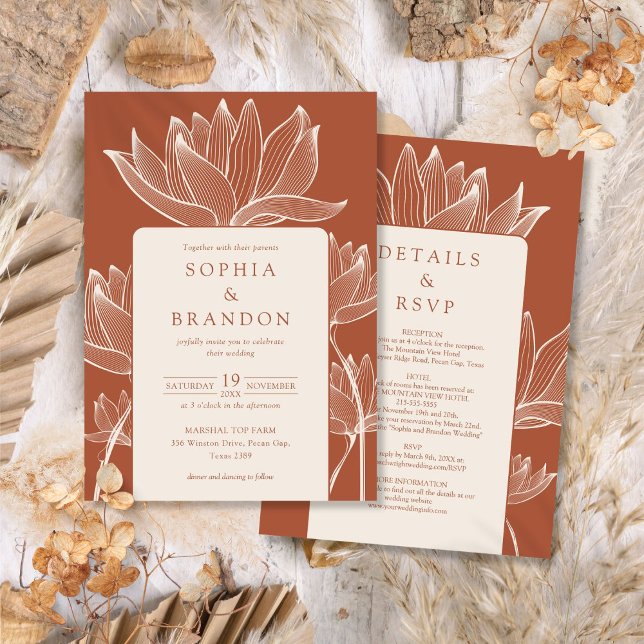 Convite Todos em um Moderno Floral Terracota Casamento (All In One Modern Floral Terracotta Wedding Invitation)