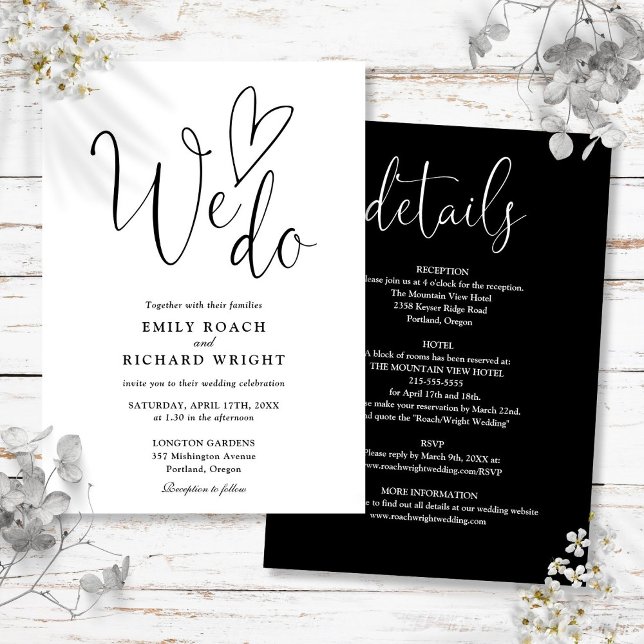 Convite Todos Em Um Nós Fazemos Casamento Preto E Branco D (All In One To We Do Heart Black And White Wedding Invitation)