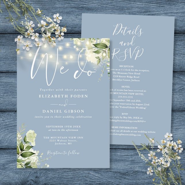 Convite Todos Em Um Nós Fazemos Luzes Florais Casamento Az (All In One We Do Floral Lights Dusty Blue Wedding Invitation)