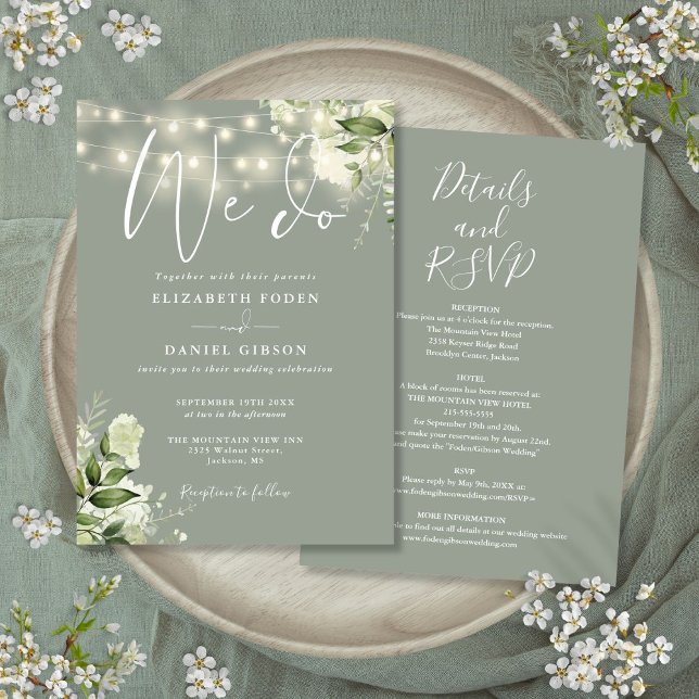 Convite Todos Em Um Nós Fazemos Luzes Florais Salgando Cas (All In One We Do Floral Lights Sage Green Wedding Invitation)