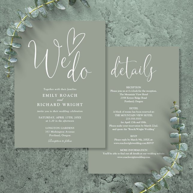 Convite Todos Em Um Para Fazermos Casamento Verde Do Sábio (All In One To We Do Heart Sage Green Wedding Invitation)