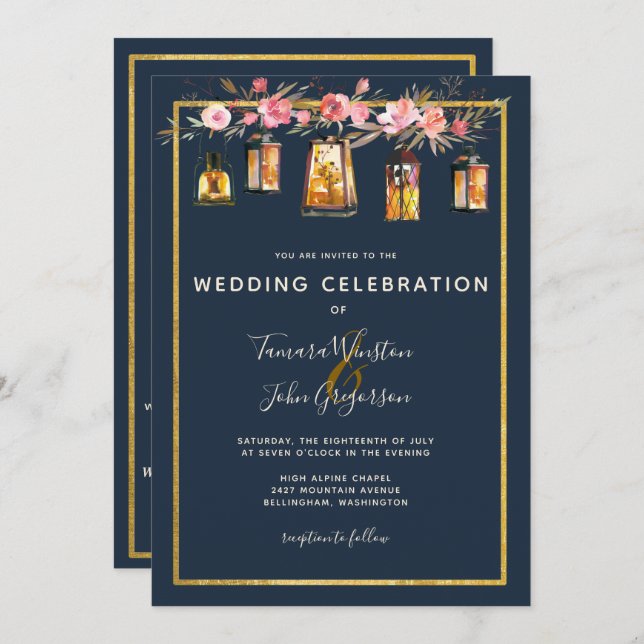 Convite Todos Em Um Pêonias Lanternas Marinho Casamento De (Frente/Verso)