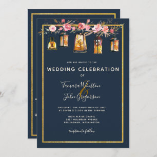 Convite Todos Em Um Pêonias Lanternas Marinho Casamento De