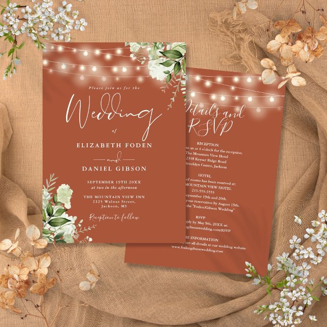 Convite Todos Em Uma Terracotta String Luzes Floral Casame (All In One Terracotta String Lights Floral Wedding Invitation)