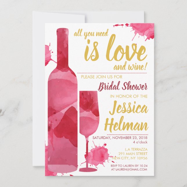 Convite Todos os Amor Vinho Plash Aquarela Chá de Noiva (Frente)