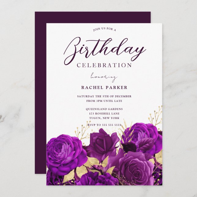 Convite Todos os anos Festa de aniversário Roxo e Dourado  (Frente/Verso)