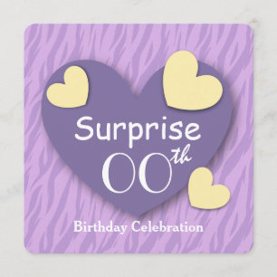 Convite Todos os anos SURPREE Aniversário Roxo Zebra Hear