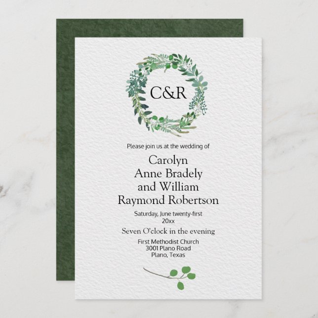 Convite Todos os Casamentos de Folhagem Verde (Frente/Verso)