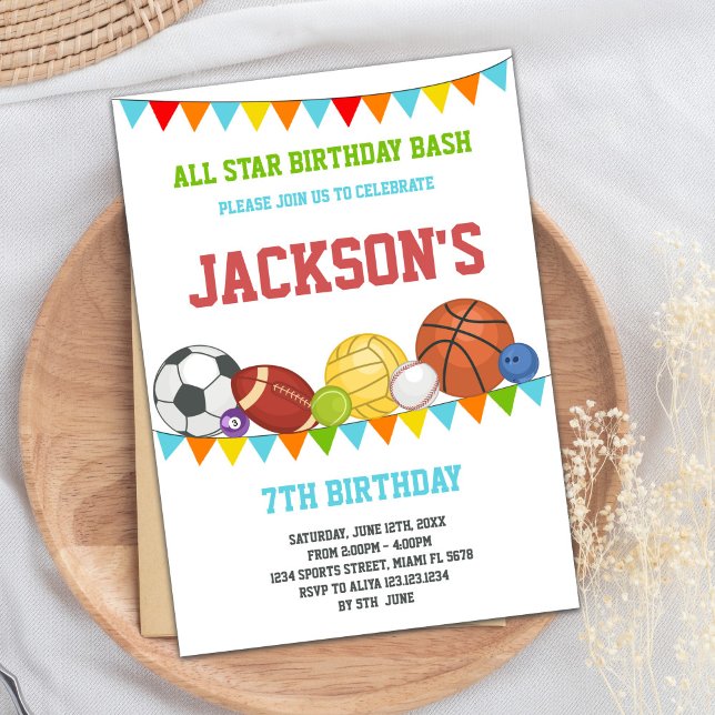 Convite Todos os Concursos de Aniversário do Partido Espor (All Stars Sports Party Birthday Invitations)