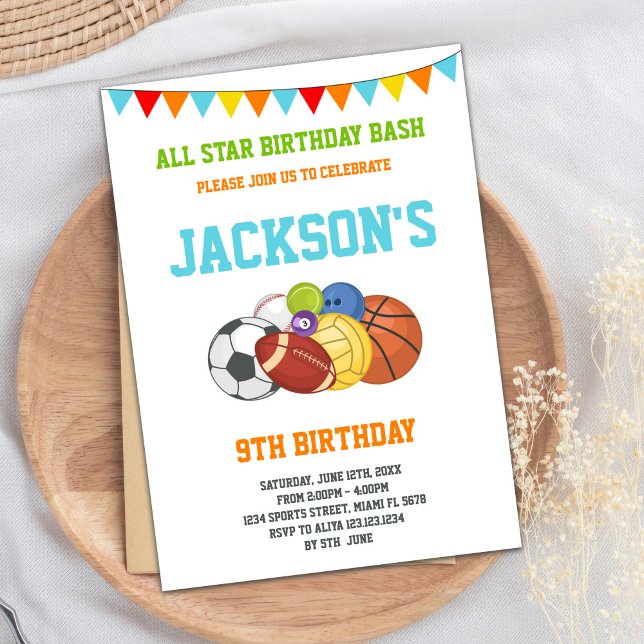 Convite Todos os Estrelas do Partido Esportivo Branco Conv (All Stars White Sports Party Birthday Invitations)