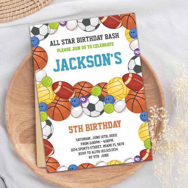 Convite Todos os Estrelas do Partido Esportivo Branco Conv (All Stars White Sports Party Birthday Invitations)