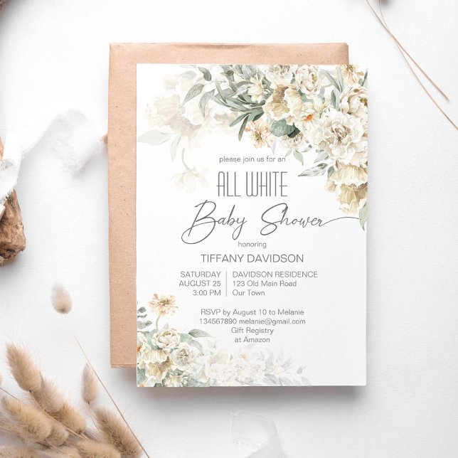 Convite Todos os florais brancos, chás de fraldas prateado (All white baby shower invitation template silver sage white flowers modern calligraphy script )