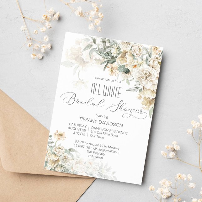 Convite Todos os florais brancos, chás de panela prateados (All white bridal shower silver white sage floral invitation template for white themed bridal shower)