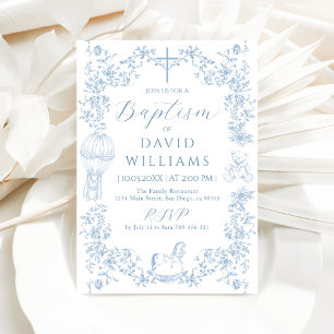 Convite Todos os Toile Boy Azul Baptism Digital Elegante