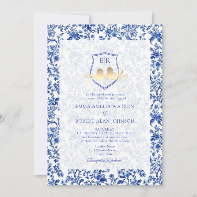 Convite Toile Azul Francesa com Crista Floral Casamento (Frente)