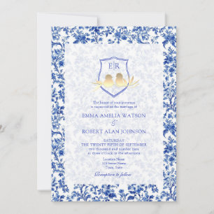 Convite Toile Azul Francesa com Crista Floral Casamento