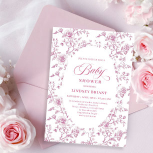 Convite Toile de Bebê com Rosas Clássicas Rosa e Branca