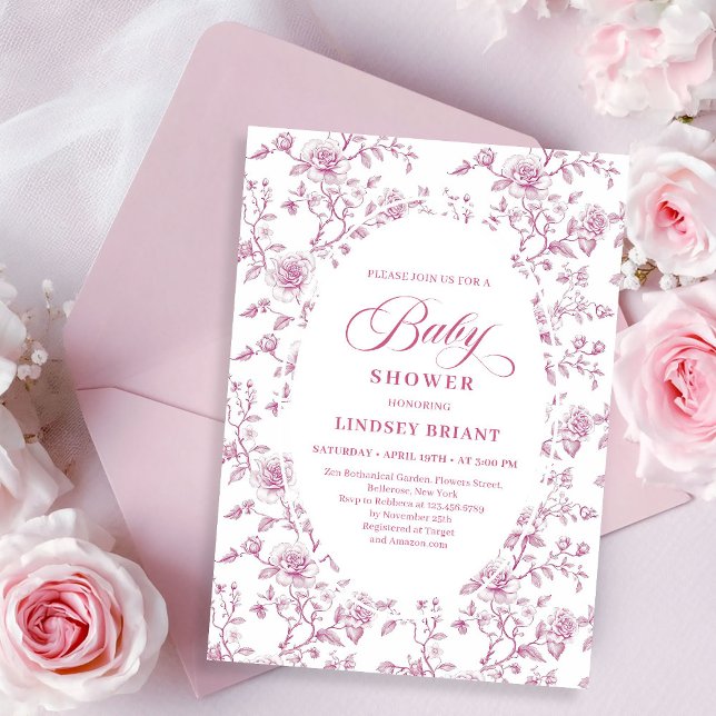 Convite Toile de Bebê com Rosas Clássicas Rosa e Branca  (Classic Pink and White Roses Toile Baby Shower Invitation)