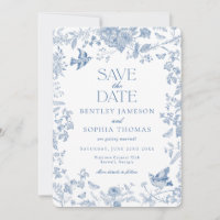 Toile De Jouy Azul Floral Francês Save the Date