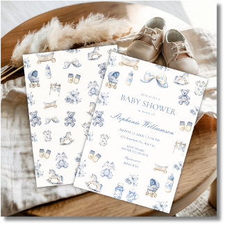 Convite Toile De Jouy Baby Shower Blue Bow Boy Invitation