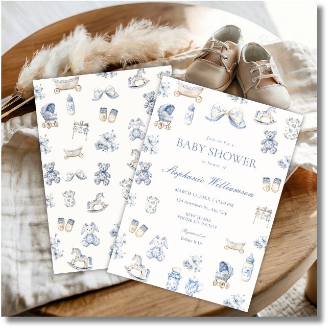 Convite Toile De Jouy Baby Shower Blue Bow Boy Invitation (Criador carregado)