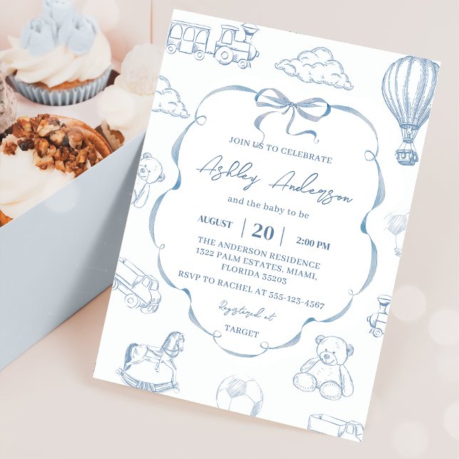 Convite Toile De Jouy Blue Bow Baby Shower Party (Criador carregado)