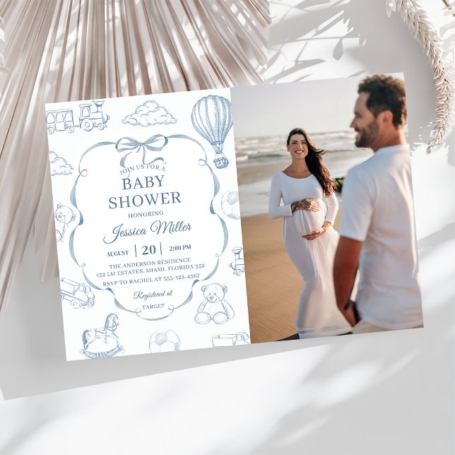 Convite Toile De Jouy Blue Bow Baby Shower Party Photo  (Criador carregado)