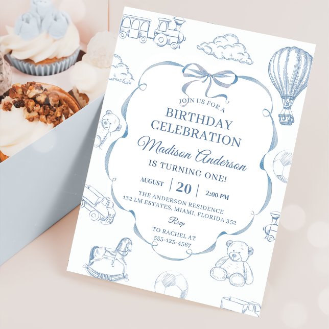 Convite Toile De Jouy Blue Bow Birthday Party  (Criador carregado)